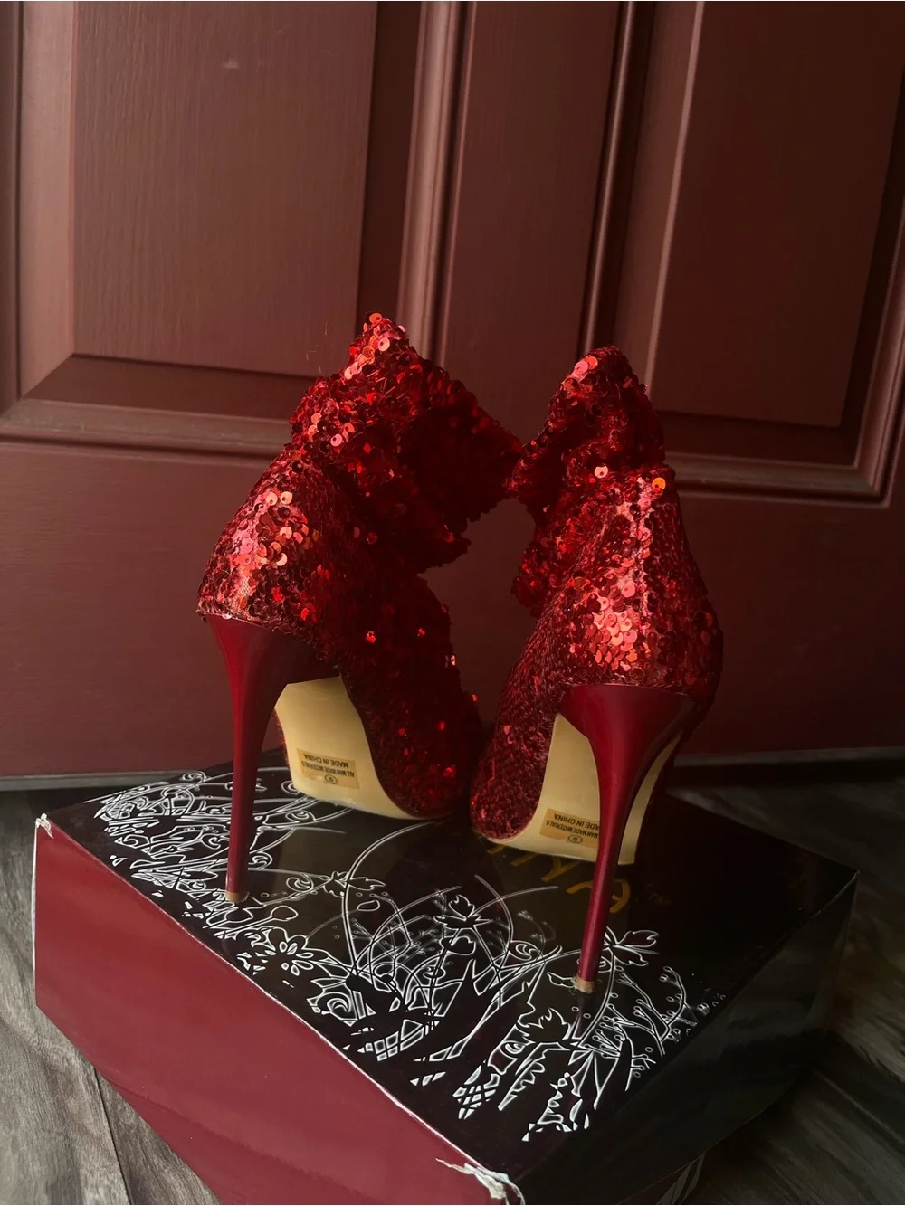 Red Sequin High-Heel Ankle Boots - Women